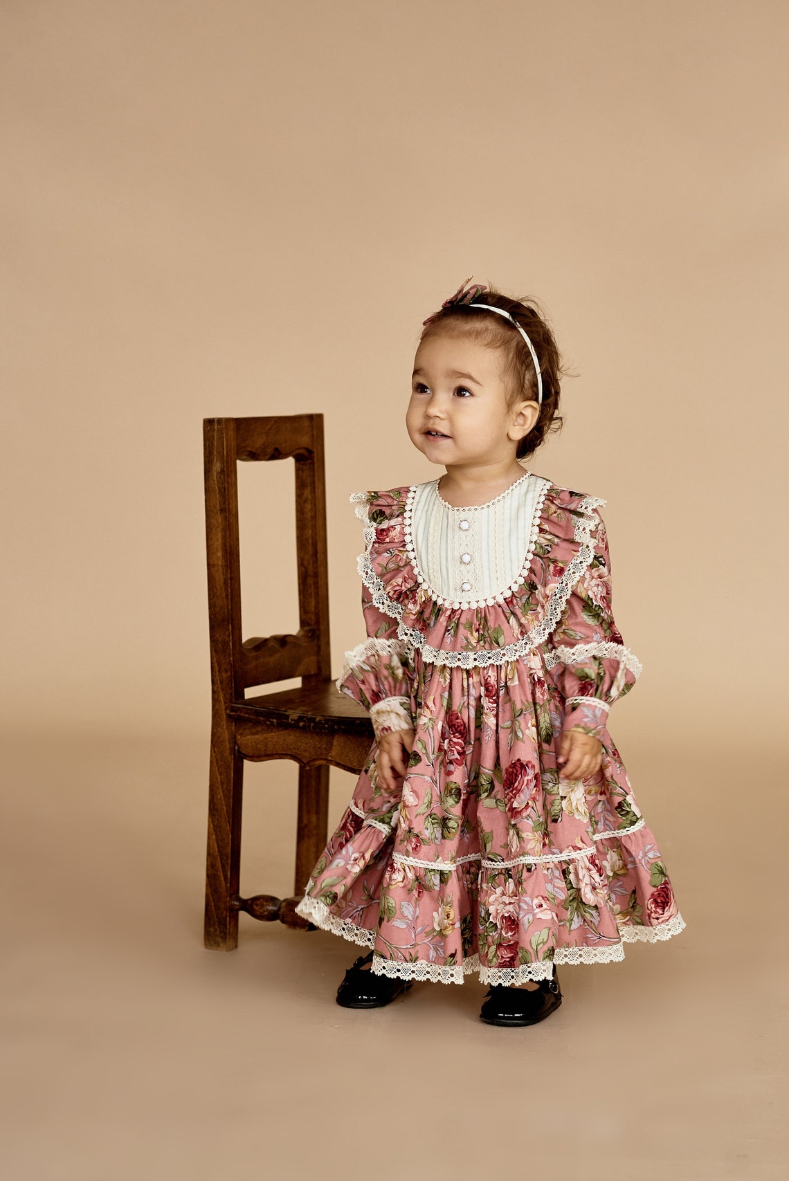 Pink vintage baby dress with flower print roses easter Etsy