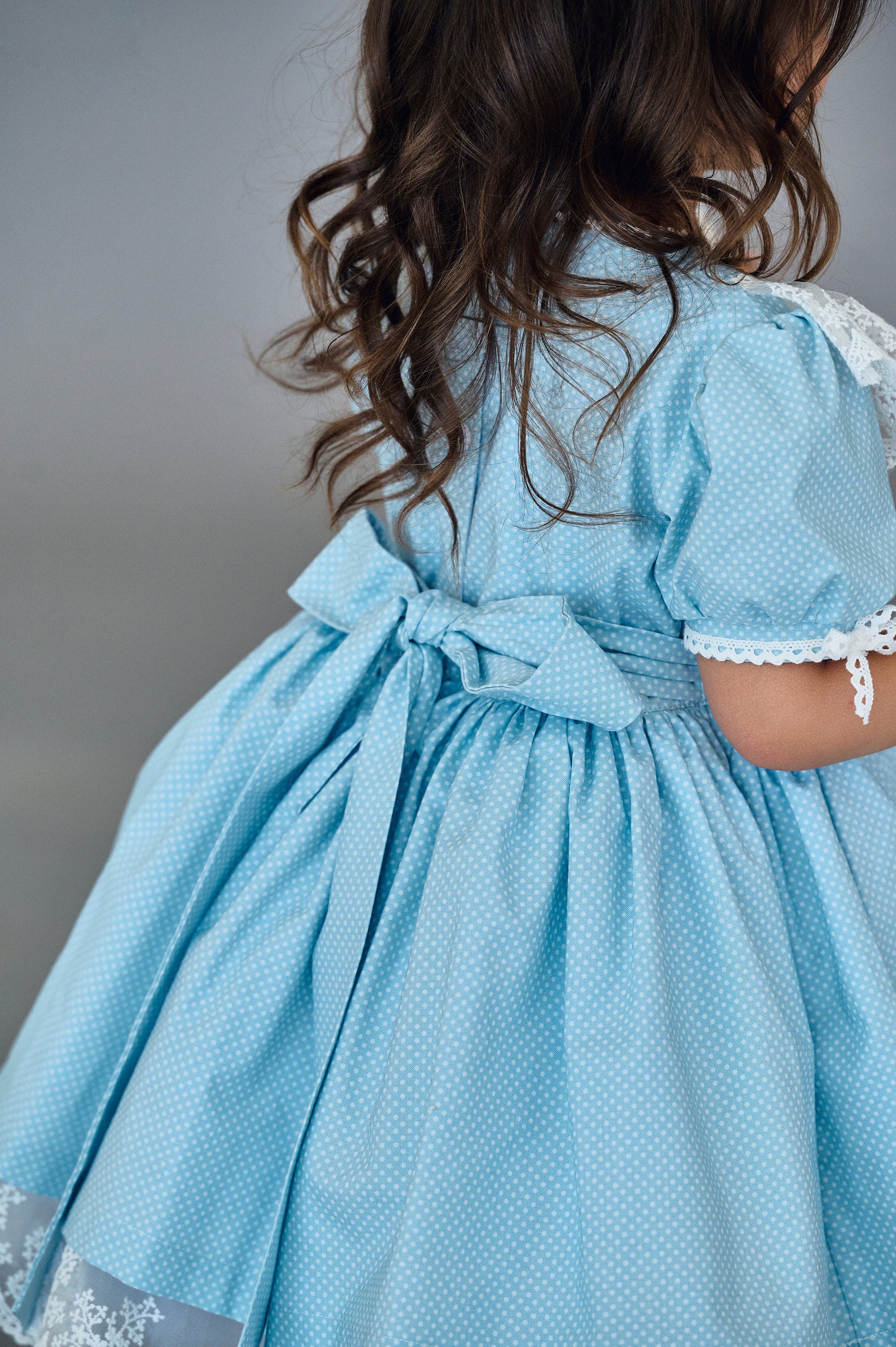 Easter Dress for Baby Girl and Toddler Made from Organic Cotton , Blue Birthday Boho Lace Frock for Newborn and Infant