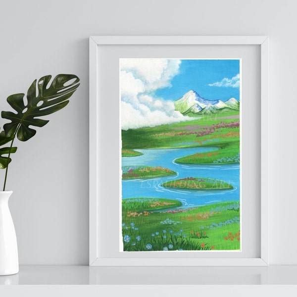 Floral Landscape Watercolor Art Print, Original Watercolor Poster, Aesthetic Anime, Meadow Watercolor Print Poster, Anime Landscape Decor