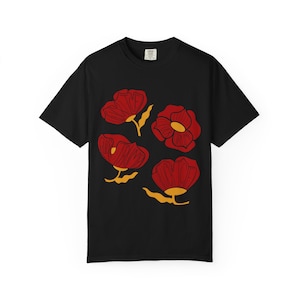 May include: Black t-shirt featuring a red floral design with yellow stems. The graphic includes four stylized flowers with the word "FORWARD" printed on the petals. A casual, comfortable tee for everyday wear.