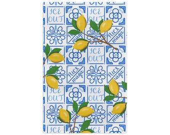 Amalfick Trump Blue Tile with Lemons Microfiber Tea Towel | Mediterranean Lemon Kitchen Towel