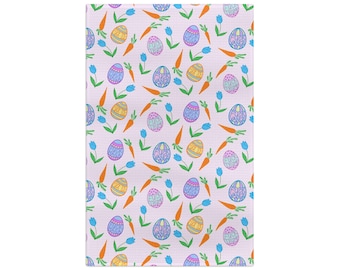 Slightly Subtle Easter Egg and Carrot Pattern Microfiber Tea Towel | Pastel Spring Kitchen FDT