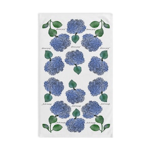 Slightly Subtle Hydrangea Towel on White, Floral Kitchen Decor, Gift for Gardeners, Blue Flower Towel, Spring Home Decor, Political Gag Gift