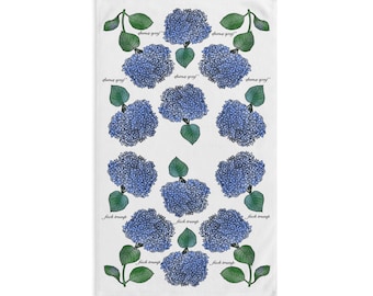 Serviette hortensia légèrement subtile sur blanc, décoration florale de cuisine, cadeau pour jardiniers, serviette fleur bleue, décoration printanière, cadeau bâillon politique