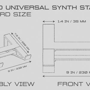 May include: A schematic diagram of a Pine 3D Universal Synth Stand, standard size. The assembly view shows the stand's dimensions: 7.7 in (195 mm) wide, 9 in (230 mm) long, and 3.7 in (93.5 mm) high. The front view shows the stand's dimensions: 9 in (230 mm) wide and 1.4 in (35 mm) deep.