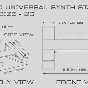 May include: A technical drawing of a Pine 3D Universal Synth Stand, small size, 25 degrees. The image includes side, assembly, and front views with dimensions in inches and millimeters. The stand is 5.9 inches (150 mm) wide.