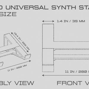 May include: A schematic diagram of a Pine 3D Universal Synth Stand, large size, with a 25-degree angle. The assembly view shows dimensions of 9.9 in x 252 mm, 4.7 in x 120 mm, and 11 in x 280 mm. The front view shows a width of 11 in / 280 mm.