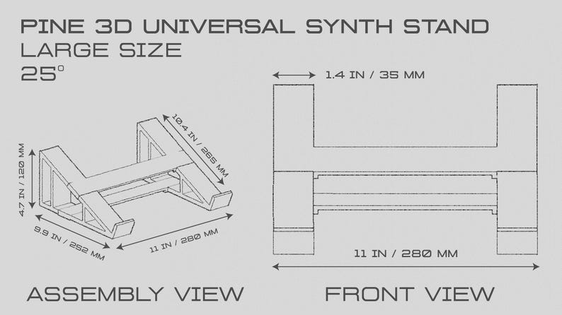 May include: A schematic diagram of a Pine 3D Universal Synth Stand, large size, with a 25-degree angle. The assembly view shows dimensions of 9.9 in x 252 mm, 4.7 in x 120 mm, and 11 in x 280 mm. The front view shows a width of 11 in / 280 mm.
