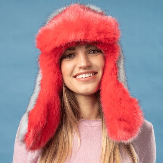 Red Fluffy Faux Fur Aviator Hat 