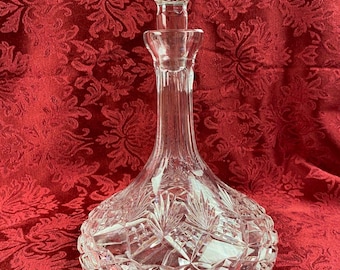 Vtg Heavy Cut Crystal Ship's Decanter Hobstar Fan Pattern Ball Stopper Barware