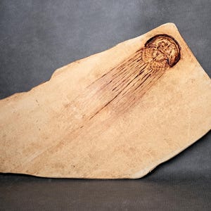Puede incluir: Una placa de madera de color claro, de forma irregular, con una ilustración detallada de una medusa quemada en madera. El diseño de la medusa es marrón y presenta una campana redondeada y tentáculos. El fondo es gris oscuro.
