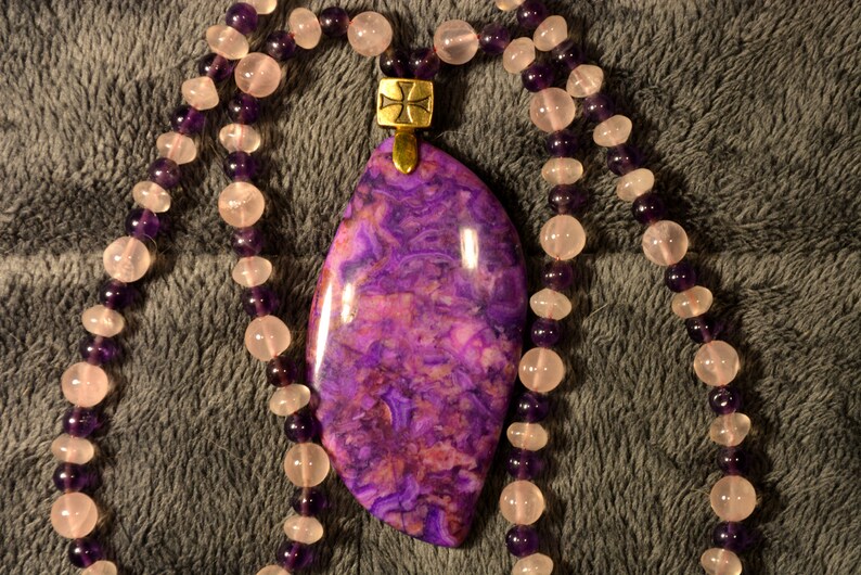 Charoite Jasper necklace Amethyst rose quartz Sanat Kumara 112 br\u00e9chite