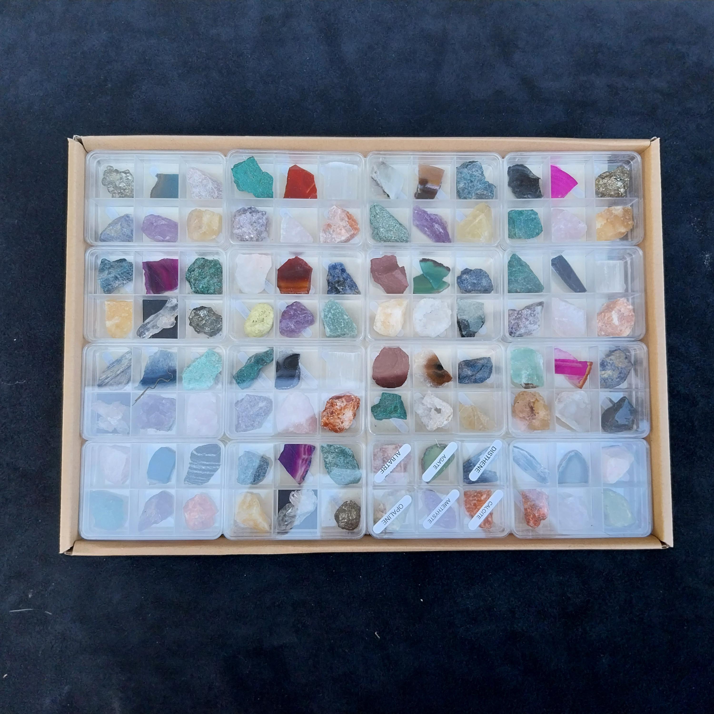 COLLECTION BOXES of authentic MINERALS; 6 minerals from geological eras around the world and identified Sold in packs of 5 or 10 boxes.