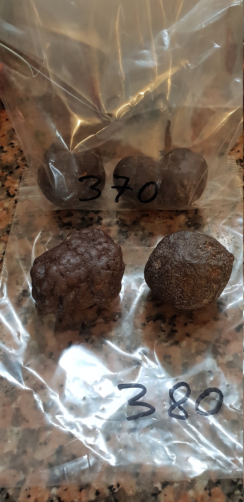 Puede incluir: Cuatro trozos de setas secas de color marr&oacute;n oscuro, de forma irregular y redondeada, en una bolsa de pl&aacute;stico transparente. La bolsa est&aacute; etiquetada con los n&uacute;meros "370" y "380".