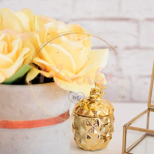 Styled Stock Photo. Feminine workplace concept. Freelance fashion desktop with flowers and golden pineapple on white background. Vertical