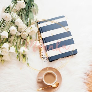 Styled Stock Photo. Laptop, coffee, notebook and a large bouquet white flowers Freelance fashion femininity home workplace in flat lay style