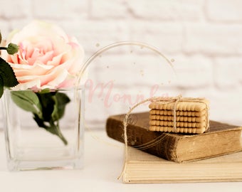 Styled Stock Photo. Pink Rose Mock Up. Old Books and Cookies. Floral Styled Wall Mockup, Valentine Mother Day Holiday Mockup, Card, Giftcard