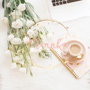 Styled Stock Photo. Laptop, coffee, notebook and a large bouquet white flowers Freelance fashion femininity home workplace in flat lay style