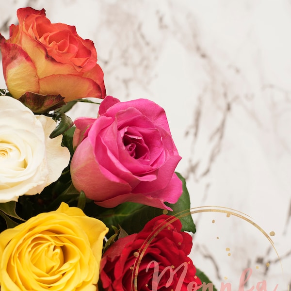 Styled Stock Photo. Styled Floral Desktop.Beautiful fresh flowers on light marble table, top view. Colorful bouquet of roses. Floral Desktop