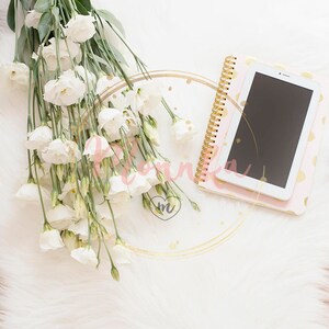 Styled Stock Photo. Laptop, notebook and a large bouquet white flowers. Freelance fashion femininity home workplace in flat lay style