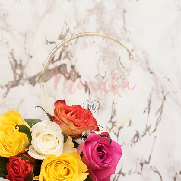 Styled Stock Photo. Styled Floral Desktop.Beautiful fresh flowers on light marble table, top view. Colorful bouquet of roses. Floral Desktop