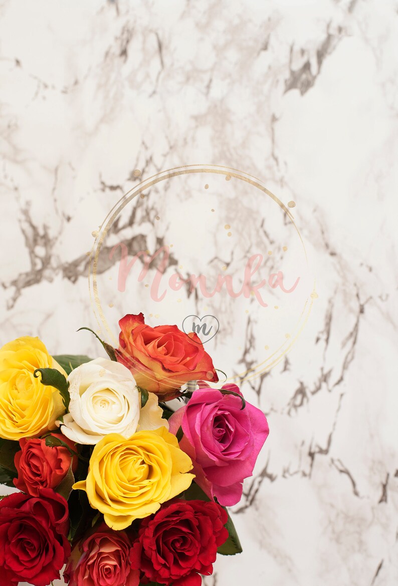 Styled Stock Photo. Styled Floral Desktop.Beautiful fresh flowers on light marble table, top view. Colorful bouquet of roses. Floral Desktop image 1
