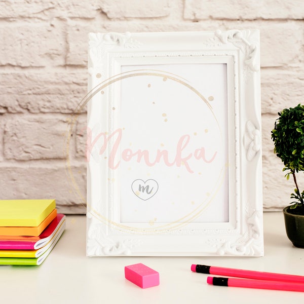 Styled Stock Photo. White Frame Mock Up, Display Mockup, Colorful Desktop Mock Up. Office desk neon pencil, pretty pink notebooks, rubber