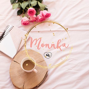 Styled Stock Photo.  Roses, coffee, notebooks in bed on pink sheets. Freelance fashion home femininity workspace in flat lay