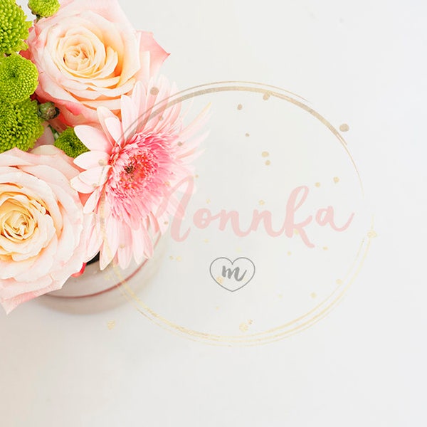 Styled Stock Photo. Beautiful fresh flowers on light marble table, top view Pink roses and gerberas on a female work desk. Blogger lifestyle