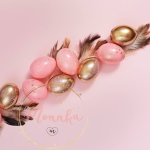 Styled Stock Photo. Easter concept. Pink and Gold Easter Eggs and Feathers. Punchy Pastels. Pastel Stock Photo. Kitchen Decor. Easter Cover