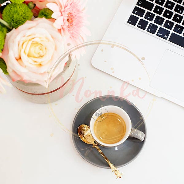Styled Stock Photo. Feminine workplace concept in flat lay style with laptop, coffee, flowers on marble background. Top view, pink and gold