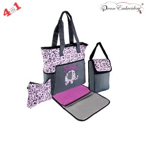 PERSONALIZADO 4 en 1 Juego de bolsa de pañales Fuchsia Elephant -Monograma personalizado / Nombre bordado -Cambiador y bolsa para bebé / Bolsa de bebé / Regalo de bebé