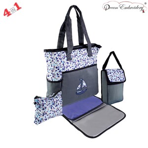 Juego de bolsa de pañales 4 en 1 Blue Boat -Calentador de biberones -Cambiador y bolsa para bebés / Bolsa para bebés / Regalo para bebés / Bolsa de pañales / Bolsa de mamá Baby shower