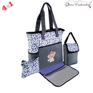 Juego de bolsa de pañales 4 en 1 Blue Monkey -Calentador de biberones -Cambiador de almohadilla y bolsa para bebés / Bolsa de bebé / Regalo de bebé / Bolsa de pañales / Bolsa de mamá Baby shower