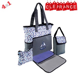 LIQUIDACIÓN 4 en 1 Juego de bolsa de pañales Blue Boat - Monograma personalizado / Nombre bordado - Cambiador y bolsa para bebé / Bolsa de bebé / Regalo de bebé