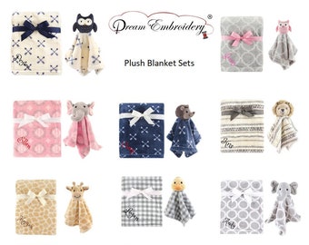 May include: Twelve plush blanket sets with personalized embroidery and a matching plush toy. Each set includes a blanket with a different pattern and a plush toy with a different animal design. The blankets are available in a variety of colors, including blue, gray, pink, and beige. The plush toys include animals such as an owl, elephant, giraffe, monkey, bear, duck, and whale.