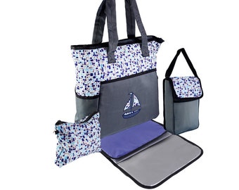 Juego de bolsa de pañales 4 en 1 Blue Boat -Calentador de biberones -Cambiador y bolsa para bebés / Bolsa para bebés / Regalo para bebés / Bolsa de pañales / Bolsa de mamá Baby shower