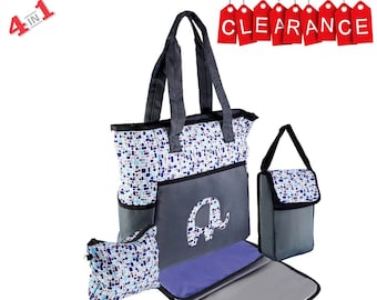 CLEARANCE 4 in 1 Diaper Bag set Blue Elephant -Custom Monogram /Name Embroidered -Changing Pad & Pouch for infant /Baby Bag /Baby Gift