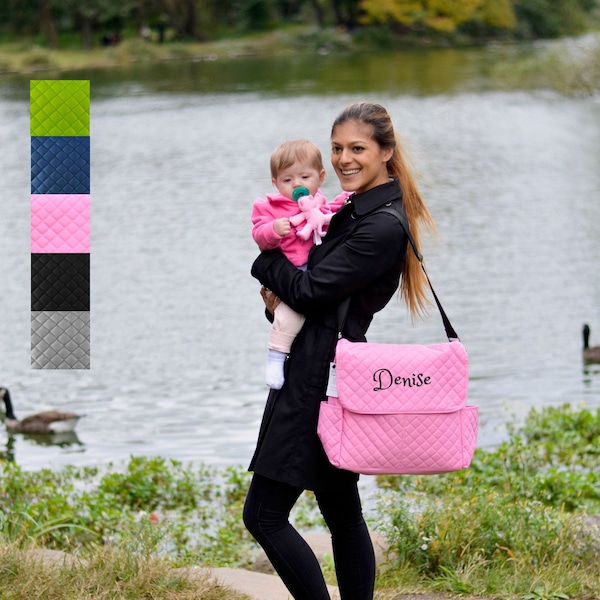 PERSONALISIERTE Große Messenger-Windeltasche 3 in 1 Set - Rosa - Individuelles Monogramm / Name bestickt - Wickelunterlage für Säuglinge / Babytasche / Baby-Geschenk