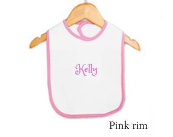 PERSONALIZED Baby bib Pink rim -Custom Monogram /Name Embroidered Gift -baby Shower Gift Infant bib New born bib Burp cloth Baby feeding