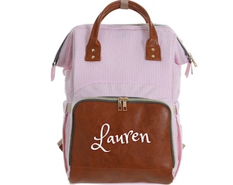 PERSONALISIERTE Große Windeltasche Ranzen Rosa Seersucker Kundenspezifisches Monogramm /Embroidered Rucksack Windeltasche Säugling /Baby Tasche /Geschenk Windeltasche