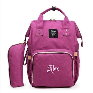 Conjunto de mochila de bolsa de pañales grande PERSONALIZADA - Púrpura - Monograma personalizado / Nombre bordado - Bolsa de calentador de biberón para bebé / Bolsa de bebé / Regalo de bebé