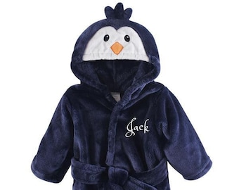 PERSONALIZED Baby Bathrobe Blue Penguin Animal -Infant Bath robe Custom Monogram /Name Embroidered Gift /Infant /Baby Shower /Baby Bath Robe