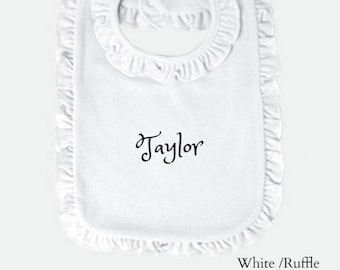 PERSONALIZED Baby bib White Ruffle -Custom Monogram /Name Embroidered Gift -baby Shower Gift Infant bib New born bib Burp cloth Baby feeding