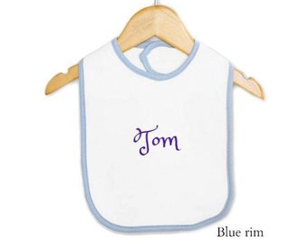 PERSONALIZED Baby bib Blue rim -Custom Monogram /Name Embroidered Gift -baby Shower Gift Infant bib New born bib Burp cloth Baby feeding