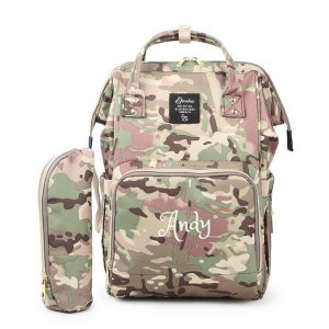 Conjunto de mochila de bolsa de pañales grande PERSONALIZADA -Camo -Monograma personalizado /Nombre bordado -Bolsa calentadora de biberones para bebé /Bolsa de bebé /Regalo de bebé