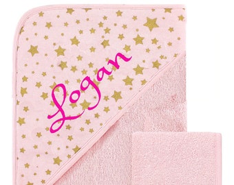 Personalized Hooded Baby Towel / Pink Stars After bath Hooded towel - FREE Shipping -  Name Embroidered Gift -Baby Shower/ Birth Present