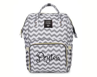 PERSONALIZED Large Diaper Bag Knapsack GREY Chevron Custom Monogram /Name Embroidered Backpack Diaper bag infant /Baby Bag /Gift Nappy Bag