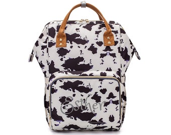 PERSONALIZED Large Diaper Bag Knapsack Cow Print Custom Monogram /Name Embroidered Backpack Diaper bag infant /Baby Bag /Gift Nappy Bag