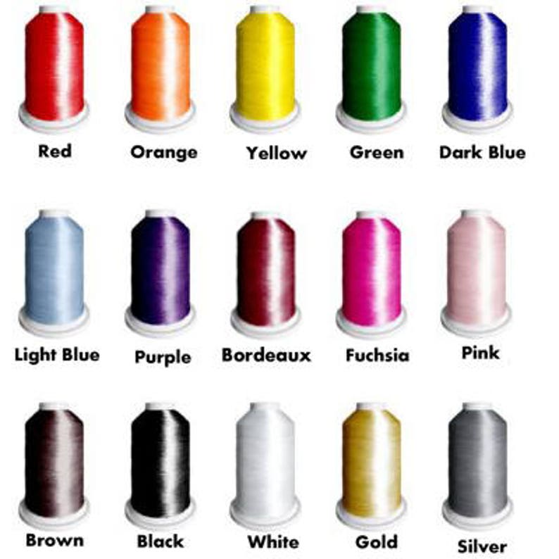 May include: A collection of 15 spools of embroidery thread in various colors, including red, orange, yellow, green, dark blue, light blue, purple, burgundy, fuchsia, pink, brown, black, white, gold, and silver.